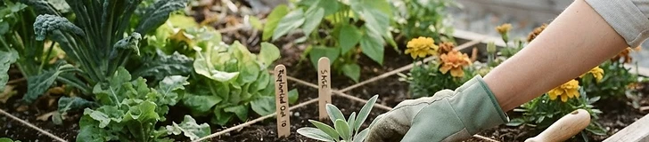 A close-up of a gardener's hands clearing spent plant stalks from a wooden square-foot garden bed, revealing rich, dark soil ready for new seeds.