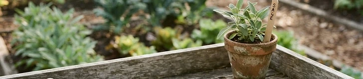 A close-up of a gardener holding a notebook and pencil over a raised garden bed filled with seedlings on a sunny spring morning.