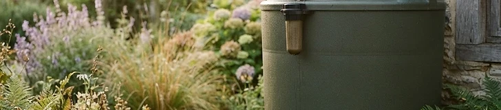 A close-up of a rain barrel with a fine mesh screen securely fastened over the intake to keep debris and insects out.