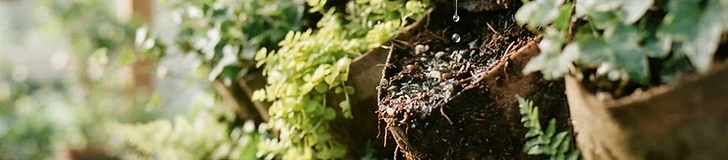 A close-up of a lush vertical garden wall with discreet black drip irrigation tubing running between pockets of vibrant green ferns and small flowering plants.
