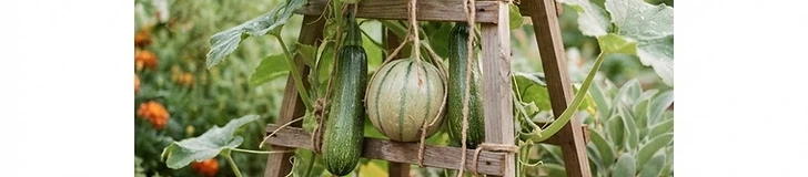 A close-up of a small watermelon resting in a soft fabric hammock tied to a sturdy wire garden trellis.