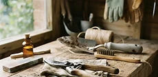A clean set of garden hand tools resting on a wooden potting bench next to a small bottle of oil and a sharpening stone.