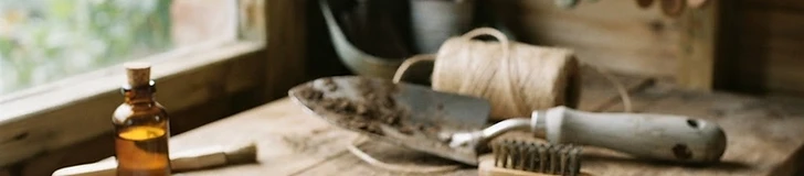 A clean set of garden hand tools resting on a wooden potting bench next to a small bottle of oil and a sharpening stone.