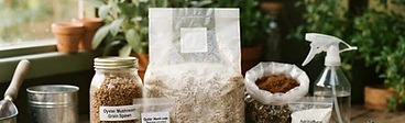 Close up of a wooden tabletop covered in bags of hardwood sawdust pellets, a spray bottle, and a container of mushroom grain spawn.