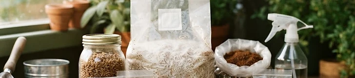Close up of a wooden tabletop covered in bags of hardwood sawdust pellets, a spray bottle, and a container of mushroom grain spawn.