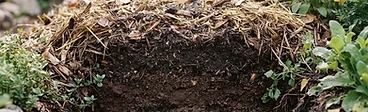 A cross-section diagram showing the layers of a hugelkultur bed starting from large logs at the bottom to topsoil, compost, and mulch at the surface.