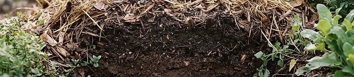 A cross-section diagram showing the layers of a hugelkultur bed starting from large logs at the bottom to topsoil, compost, and mulch at the surface.