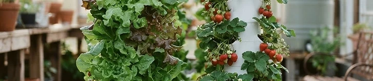 A white vertical hydroponic tower filled with lush green lettuce plants standing on a wooden deck in a sunny backyard garden.