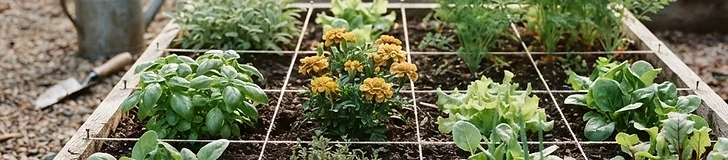 A close-up view of a wooden garden bed with string dividers creating a square-foot grid, with various young vegetable seedlings planted in neat rows.