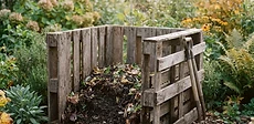 Three wooden pallets stand upright in a square shape on a grass lawn, forming a simple three-sided compost bin filled with brown leaves and garden scraps.