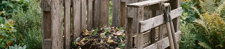 Three wooden pallets stand upright in a square shape on a grass lawn, forming a simple three-sided compost bin filled with brown leaves and garden scraps.