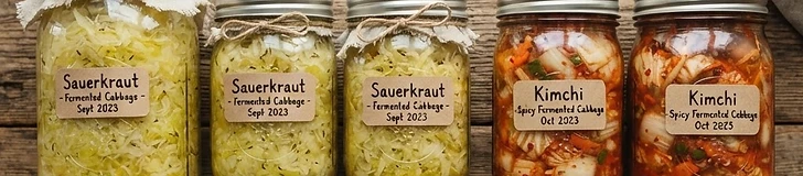 Glass jars of vibrant sauerkraut and reddish kimchi with cabbage and carrots, sealed and labeled on a rustic wooden table.
