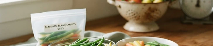 A variety of colorful, blanched vegetables including green beans and peas cooling in a stainless steel colander next to a bowl of ice water.