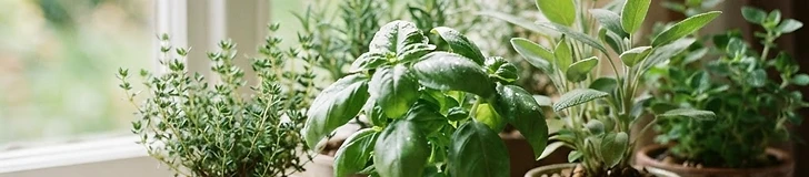 A collection of small terracotta pots with green basil, mint, and thyme plants sitting on a bright wooden windowsill beside a clear glass of water.