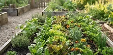 A close-up view of a vibrant raised garden bed organized into a square grid with healthy young seedlings growing in every section.