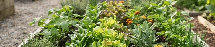 A close-up view of a vibrant raised garden bed organized into a square grid with healthy young seedlings growing in every section.