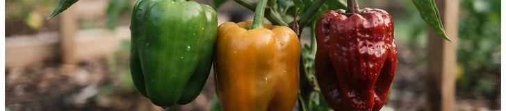A close-up view of a bell pepper transitioning from green to bright red hanging on a healthy green plant in a home vegetable garden.