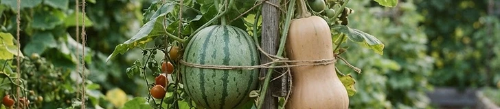 A close up view of a gardener using fabric slings to support a ripening melon growing on a metal cattle panel trellis in a sunlit garden.