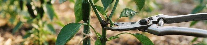 A close-up of a gardener using hand pruners to snip a small sucker branch off the main stem of a healthy, green pepper plant in a raised garden bed.