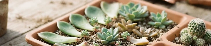 A close-up view of succulent leaves and small plantlets resting on top of a tray of well-draining potting soil.