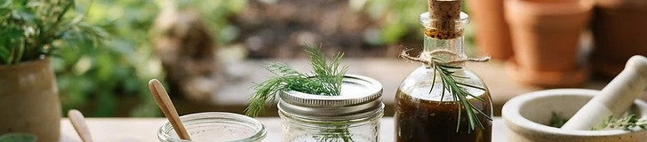 A glass jar filled with a bright green herb-infused dressing, surrounded by fresh basil, parsley, and cilantro stems on a rustic wooden table.