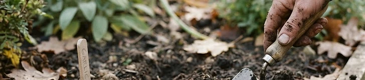 Close-up of a gardener's hands pushing a separated garlic clove into rich, dark garden soil in autumn with a layer of straw mulch nearby.
