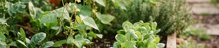 A raised garden bed showing three distinct sections of leafy greens in various stages of growth, from tiny seedlings to full-sized harvestable lettuce.