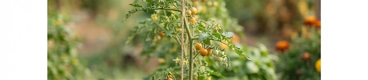 A close-up of a young tomato plant being carefully twisted and clipped to a single piece of white twine suspended from a trellis wire in a sunny garden.
