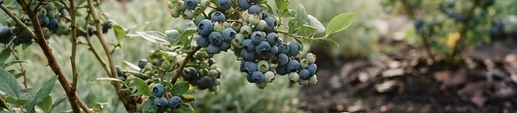 Close-up of ripe blueberries growing on a leafy green bush in a sunlit home garden.