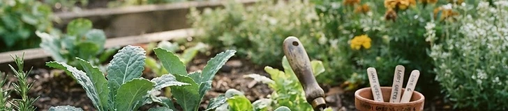 A gardener holding a handheld soil thermometer in a lush, raised vegetable bed during the early spring.