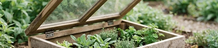 A rustic wooden cold frame with a glass window lid resting on garden soil, surrounded by small kale starts in a suburban backyard.