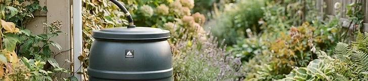 A rain barrel connected to a house downspout in a sunny backyard garden, with a watering can resting beside it.