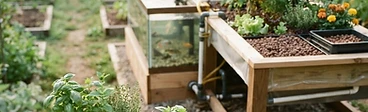 A large, professional-looking backyard aquaponics system featuring IBC totes and a raised wooden grow bed filled with lush green kale and herbs.