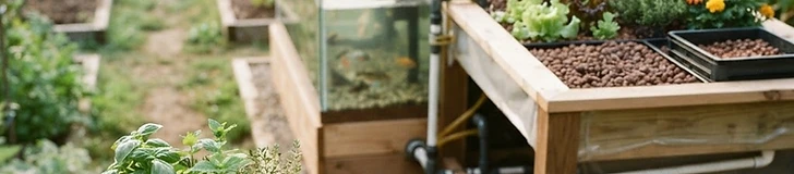 A large, professional-looking backyard aquaponics system featuring IBC totes and a raised wooden grow bed filled with lush green kale and herbs.