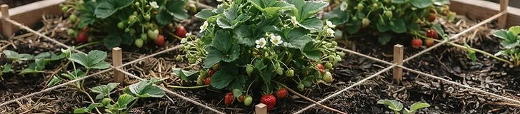 A close-up of vibrant red strawberries ripening on plants grown neatly within a wooden square-foot garden grid box.