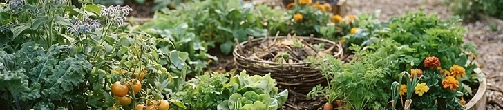 A flourishing vegetable garden bed with a central compost basket surrounded by lush lettuce, tall tomato plants, and healthy green vines.