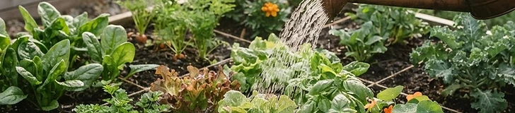 A close-up view of a person using a watering can to carefully deliver water to the base of lush vegetable plants inside a cedar raised garden bed.