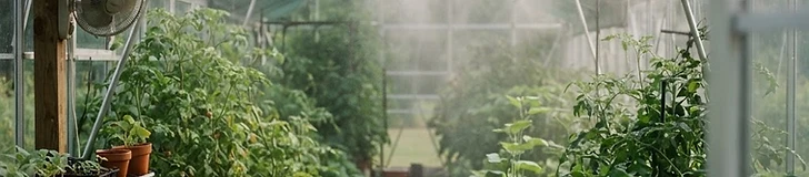 A backyard greenhouse covered with a black mesh shade cloth to protect the plants inside from intense summer sun.
