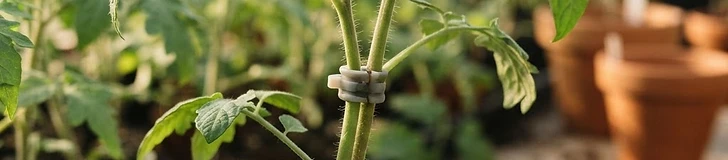 Close up of a young tomato seedling stem joined to a rootstock using a small clear silicone grafting clip.