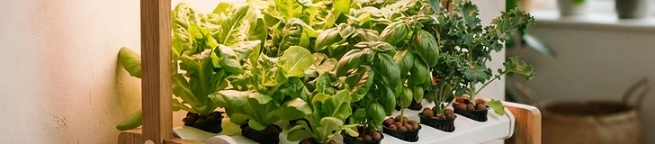A compact indoor hydroponic system with leafy greens growing in net cups under a warm grow light.