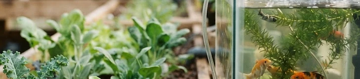A close-up view of vibrant green lettuce growing in clay pebbles with clear water trickling through the roots in a home aquaponics setup.