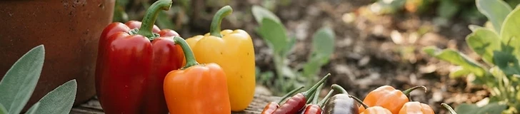 A vibrant harvest of assorted bell and chili peppers of various colors and shapes resting in a wooden basket on a garden potting bench.