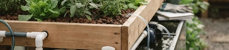 Close-up of a person testing the water quality of a backyard aquaponics system with a dropper and a colorful testing chart.