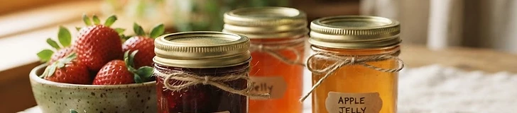 Two glass jars of homemade strawberry jam and clear jelly beside a bowl of fresh strawberries on a linen-lined table.