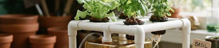 A close-up of a leafy green lettuce plant growing in a white net pot suspended inside a clean, opaque bucket with visible roots submerged in water.