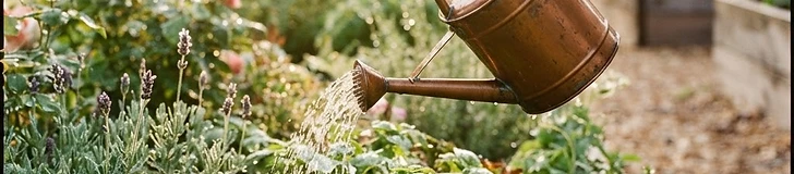 A copper watering can watering a vegetable bed at sunrise.