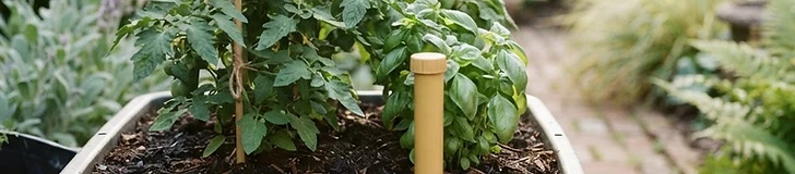 A close-up view of a DIY self-watering container made from a plastic tote, with a PVC pipe visible in the corner for easy watering.