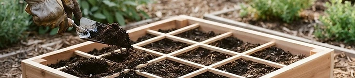 A wooden square-foot raised garden bed sitting on a grassy lawn with a clearly visible grid made of string.