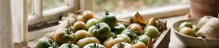 A wooden crate filled with various green and partially ripening tomatoes sitting on a rustic kitchen counter.