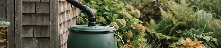A blue plastic rain barrel positioned on a cinder block base next to a house downspout in a lush green backyard.